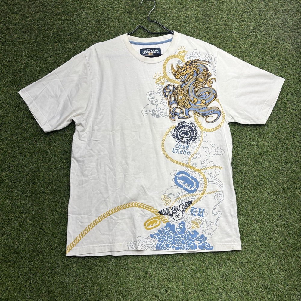 Vintage Ecko Unltd Graphic Shirt Mens XL Chains Dragon Watch y2k AOP White